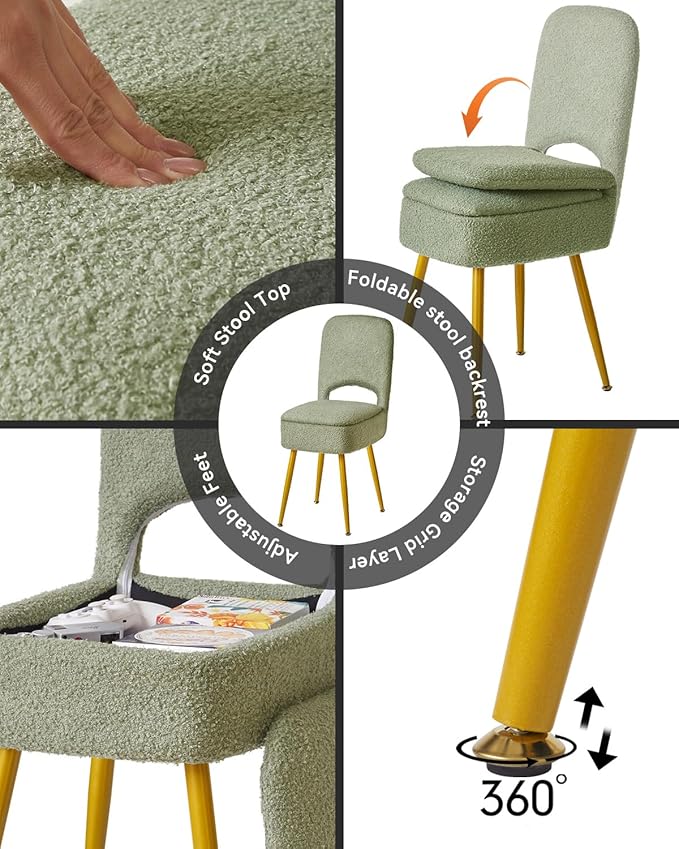IBUYKE Small Storage Vanity Stool with Folding Backrest, 12.99" x 13.78" x 31.5" Square Teddy Velvet Ottoman, Makeup Chair for Living Room, 4 Metal Legs with Anti-Slip Feet, Green WBD027D