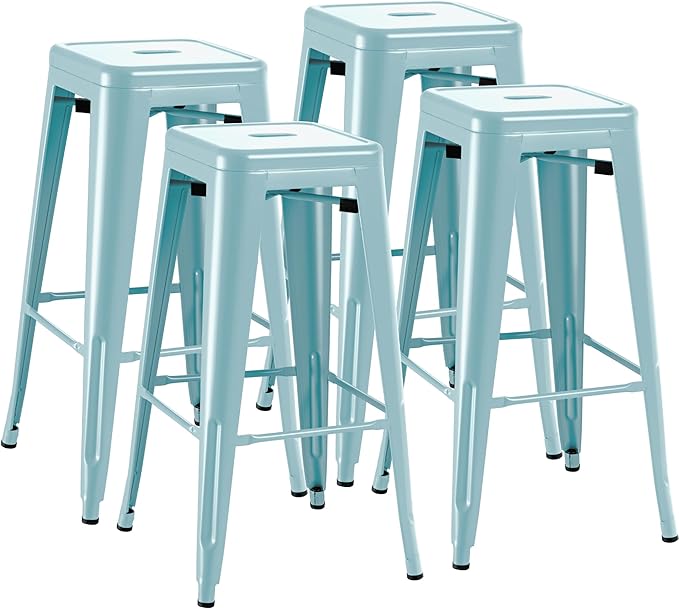 Furmax 30 Inch Metal Bar Stools Set of 4, Counter Height Backless Stools, Industrial Bar Chairs Patio Stool Stackable Backless Stool for Kitchen/Dining Room/Bistro/Patio Indoor Outdoor (Blue)