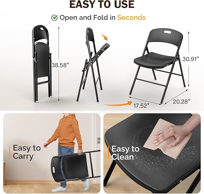 VINGLI Folding Chairs, Plastic Foldable Chair, Capacity up to 350 lbs, Portable Seating for Indoor Outdoor Events Parties Camping Work School Commercail (2, Black)