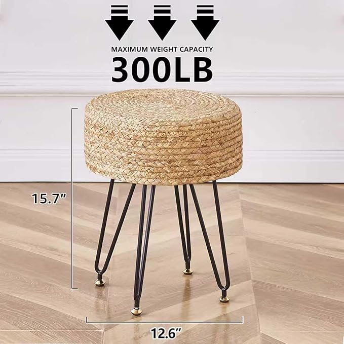 Wimarsbon Ottoman Pouf Handmade Natural Water Hyacinth,Round Footrest with 4 Metal Legs,Vanity Stool for Bedroom,Hallway,Living Room (Primary)