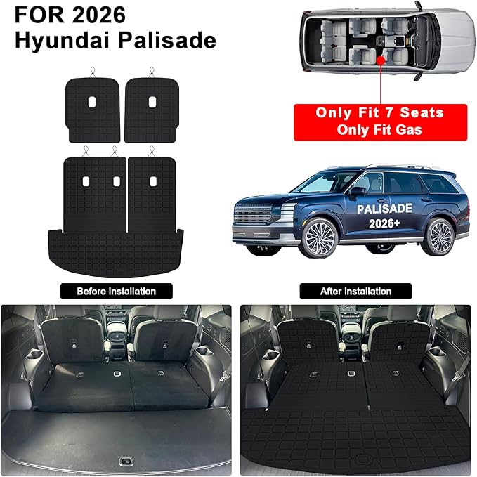 Floor Mats for 2026 Hyundai Palisade 7 Seats (Only Fit Gas) & Cargo Liners with Backrest Mat,TPE All Weather Protection Car Mats with 2nd & 3rd Row Covering The Backrest Full Set Accessories