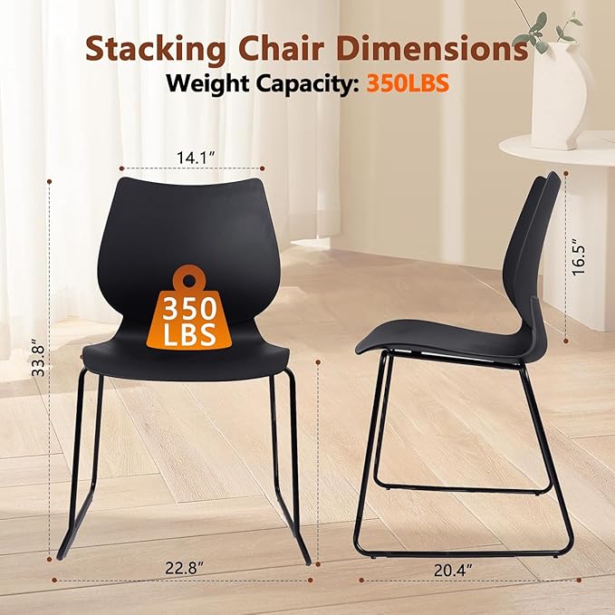 Stackable Waiting Room Chair, Stacking Office Chair with Ergonomic Lumbar Support and Metal Legs, Plastic Desk Chairs for Conference School Church Guest Reception Set of 8, Black