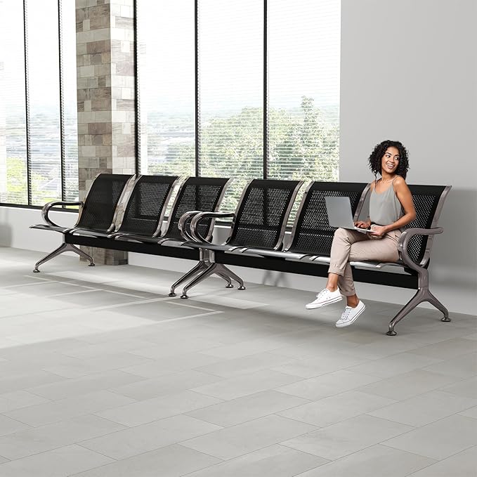 Kinfant 3-Seat Waiting Room Chair Set- 2 Pieces Office Guest Reception Seats Waiting Room Bench with Armrest for Airport, Hospital, Bank, Salon, Barbershop, Hall(Black Mesh)