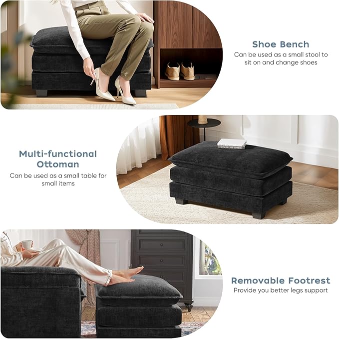CDCASA 50'' Oversized Chair with Movable Ottoman, Chenille Comfy Cloud Sofa Accent Chair w/Large Seat and Armrests, Modern Extra Wide Armchair Reading Chairs for Living Room, DIY Combination, Black