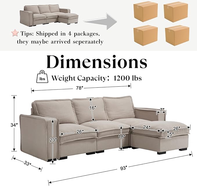HEAY-YO 93 Inches Modern Modular Sectional Sofa,L Shape 3-Seater Comfy Couch with Moveable Ottoman,Floor Sofa for Living Room Bedroom Apartment,Linen Sand
