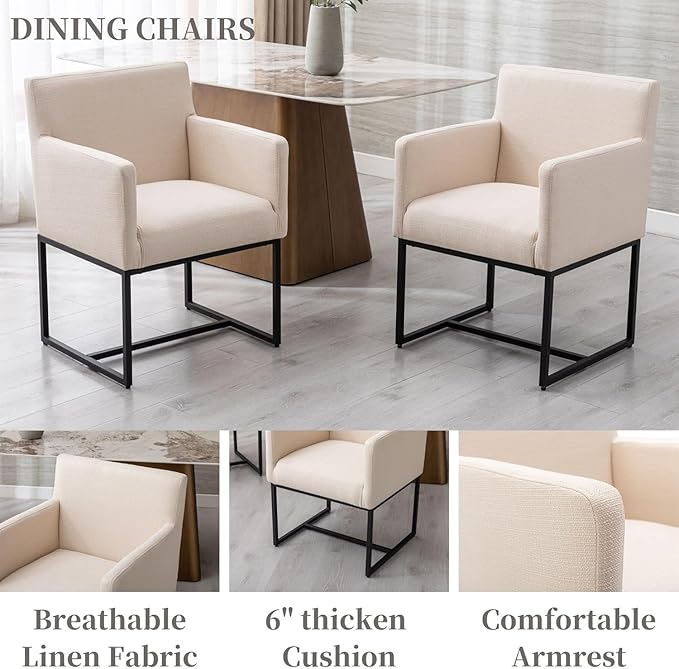 BESTANO Linen Upholstered Dining Chairs with Arms Set of 6 Mid Century Modern Accent Chairs Armchairs with Black Metal Frame, Modern Kitchen & Dining Room Chairs, Cream