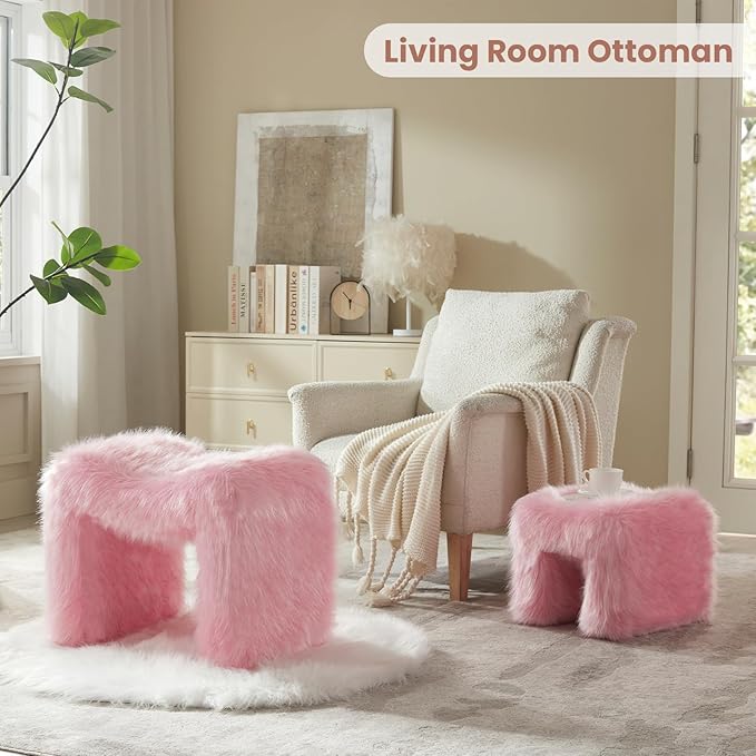Ottoman Set of 2 Small Footstool Ottoman Vanity Stool Chair Faux Fur Seating Backless Modern Foot Rest Furry for Makeup Room Living Room Bedroom Entryway,Pink(2-in-1)