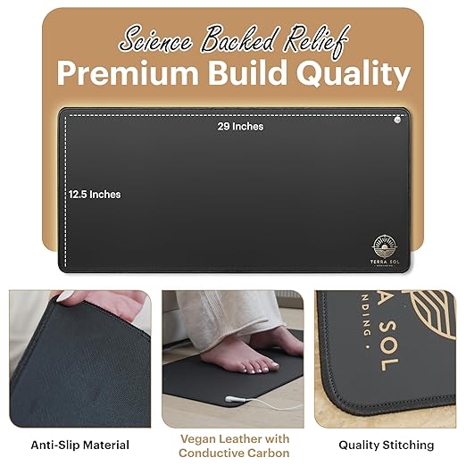 Terra Sol Grounding Mat for Feet - Premium 29x12.5in Earthing Mat for Pain Relief, Better Sleep & Inflammation Reduction - Yoga Grounding Pad with 15ft Cord & Safety Testers