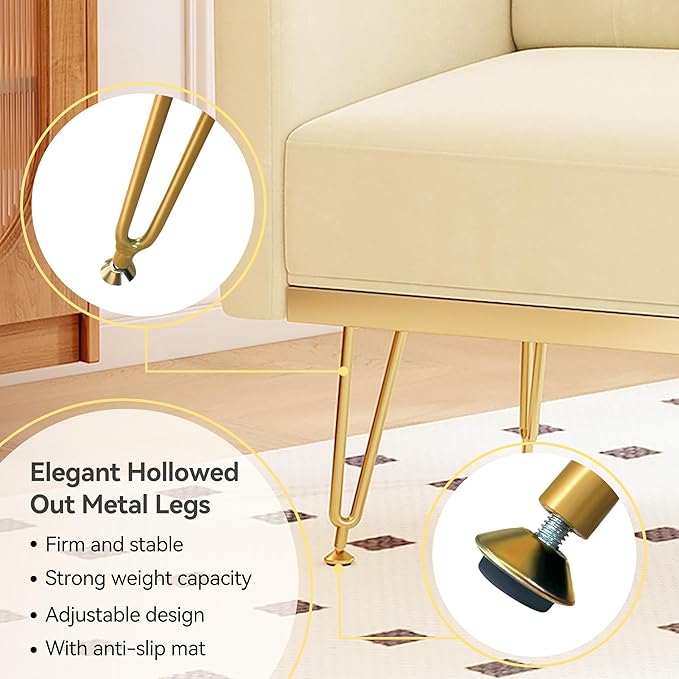 Accent Chair for Living Room, Comfy Oversized Velvet Upholstered Arm Chairs, Mid Century Modern Reading Single Sofa Side Chair with Tufted Back and Gold Legs for Bedroom (1, Beige)