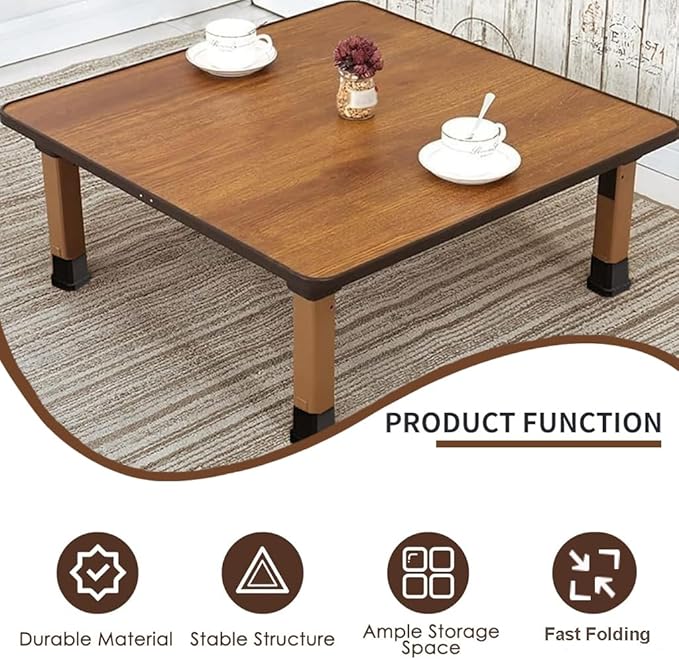 Japanese Foldable Coffee Table, Portable Low Tea Table Wooden Folding Dining Study Breakfast Serving Table Collapsable Small Desk Tatami Sitting On The Floor Table (27.6 * 11.8in, Square)
