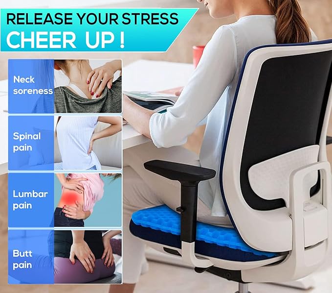 Helishy Gel Seat Cushion for Long Sitting - 1.65inch Double Thick Cooling Egg Cushion for Back, Hip, Sciatica, Coccyx, Tailbone Pain Relief - Office Chair Car Seat Cushion – Wheelchair Cushions