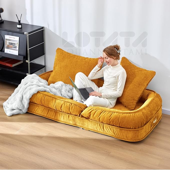 LouannTatami Foldable Lazy Sofa Bed Floor Chair - Adjustable Human Dog Bed for Adults Kids Floor Seats - Cozy Small Couch for Home Living Room (Yellow)