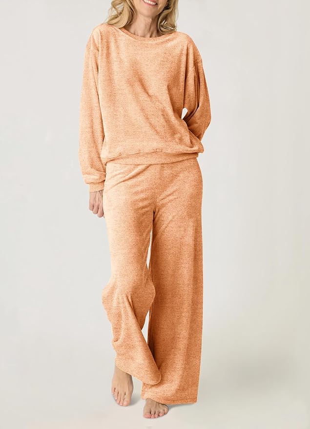 Aamikast Women's 2-Piece Lounge Set Soft Brushed Jersey Sleepwear Pajamas Set Long Sleeve Top & Wide Leg Pants