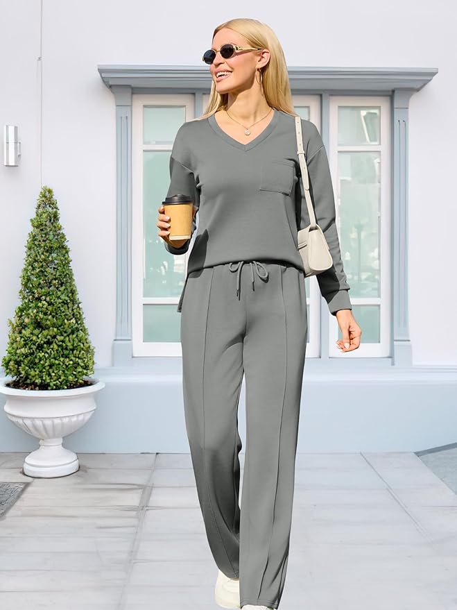 difficort Women's 2 Piece Lounge Sets Casual Travel Airport Outfits Side Slit V-Neck Tops & Wide Leg Pants Matching Set