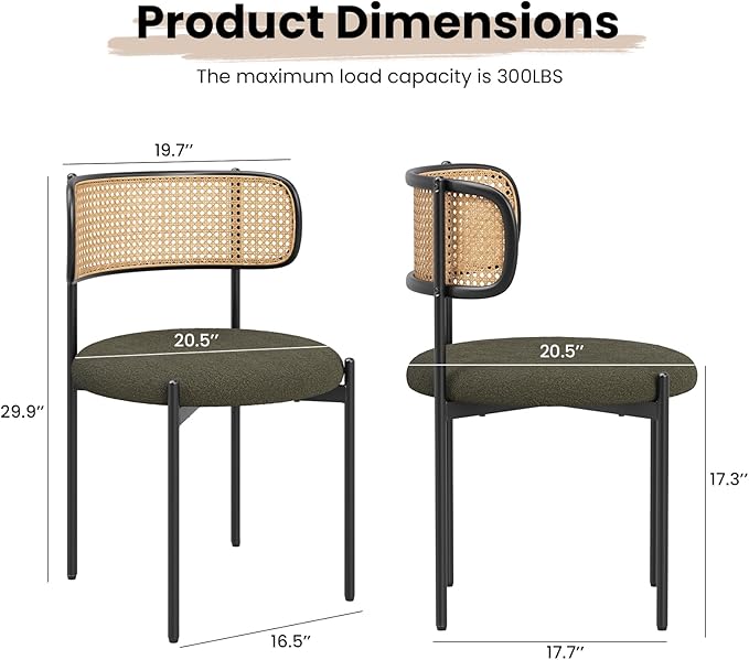 Farini Dining Chairs Set of 4,Mid-Century Modern Kitchen Chair Rattan Backrest Round Upholstered Sherpa Dining Chairs with Metal Legs,Green