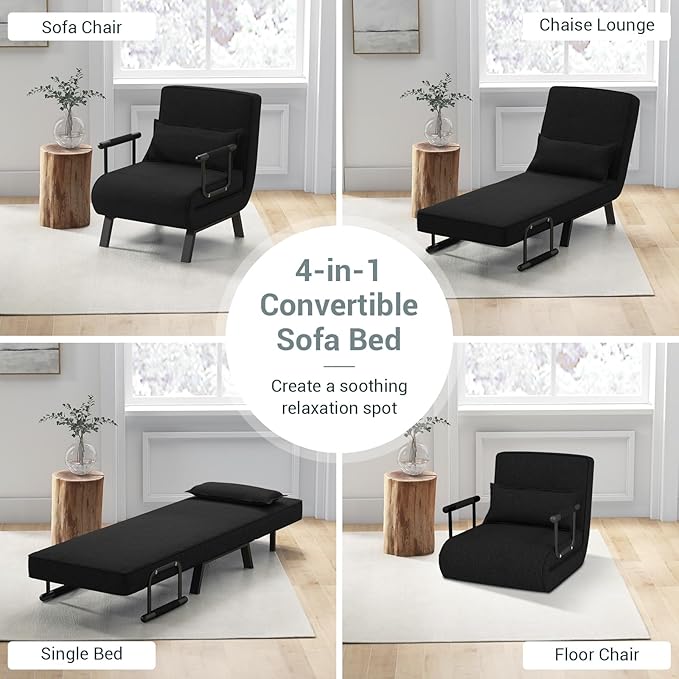 KOMFOTT Convertible Sleeper Chair Bed, 4-in-1 Folding Sofa Bed with 6-Position Adjustable Backrest, Upholstered Chaise Lounge with Removable Pillow, Leisure Recliner Lounge Couch for Home Office