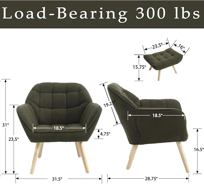 ZH4YOU Sherpa Accent Chair with Ottoman, Modern Fuzzy Reading Chair with Ottoman Upholstered Armchair with Wood Legs Comfy Lounge Chair for Small Spaces Living Room Bedroom Book Nook, Green