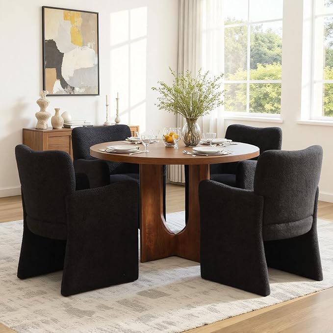 CIMOTA Boucle Dining Chairs Set of 2, Sherpa Upholstered Accent Chairs with Arms/Wood Legs, Comfortable Kitchen Chairs for Living/Reception/Dining Room, Black