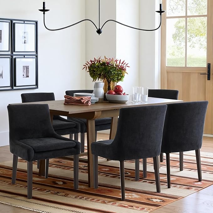 Modern Dining Chairs Set of 6, Upholstered Corduroy Dining Room Chairs with Wood Legs, Mid-Back Padded Kitchen Side Chairs for Dining Room, Black