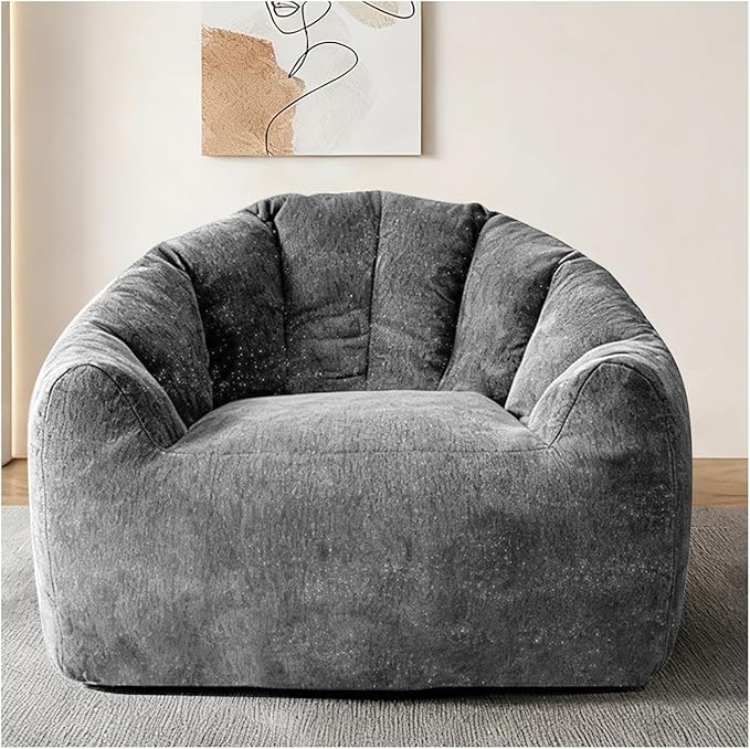 Giant Bean Bag Chair for Adults and Kids Oversized Faux Fur Shell-Shaped BonelessBeanBag Couch Filler with Memory FoamStuffed Big Accent Sofa for Living Room, Bedroom & Dorm (Dark Grey)