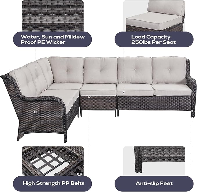 Belord Outdoor Sectional Furniture Sofa Set with Propane Fire Pit Table, Wicker Patio Conversation Set with 2 Swivel Rocker Glider Chairs Beige Cushion Perfect for Backyard Casual Gathering