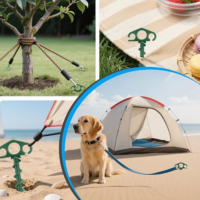 COBARYEN Plastic Inflatable Stakes, Tent Stake 6 Pack Sand Stakes for Beach 9.4 Inch Heavy Duty Spiral Yard Stakes for Camping, Party and Outdoor Halloween Christmas Decorations (6, Red+Green+White)