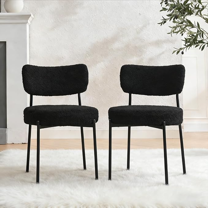 Stabrech Black Dining Chairs Set of 2, Dining Room Chairs with Curved Backrest, Modern Boucle Dining Chairs with Upholstered for Living Room (2,Black)