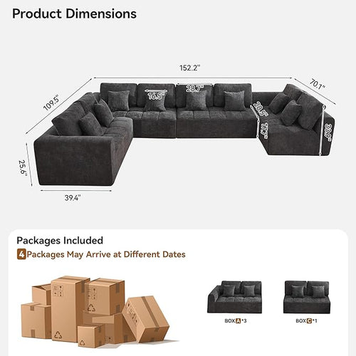 170''Modular Sectional Couches for Living Room, Cloud Boneless Compressed Sectional Sofa, Oversized U Shaped 8 Seater Upholstered Memory Foam Sofa, No Assembly, Chenille Grey