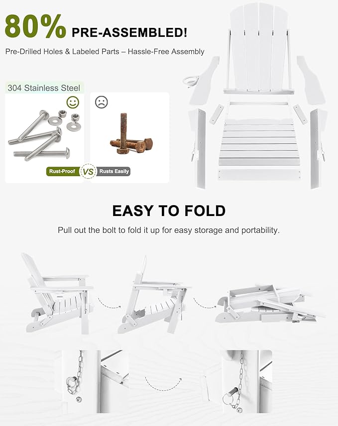 Folding Adirondack Chairs Set 6- Plastic Adirondack Chairs with Cup Holder, Weather Resistant for Outdoor, Patio, Lawn, Garden, Backyard Deck, Fire Pit - White