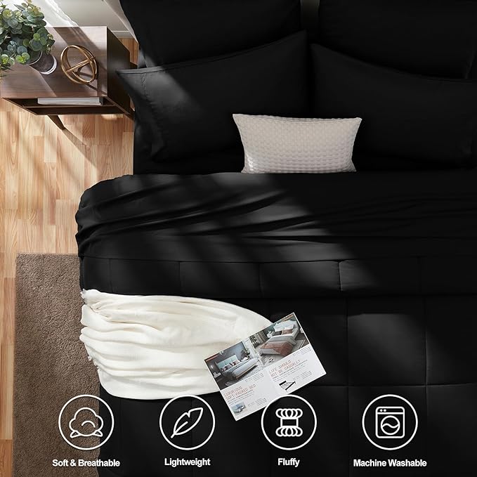 CozyLux Twin Comforter Set with Sheets Black, 5 Pieces Bed in a Bag, Black Comforter Twin Size, All Season Bedding Set with Stitch Quilted Comforter, Flat Sheet, Fitted Sheet, Pillowcases