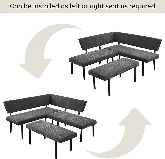 Modern L-Shaped Dining Bench, 67 Inch Fabric Upholstered Corner Sofa with Metal Legs for Kitchen Nook, Living Room, Dining Room (Grey)