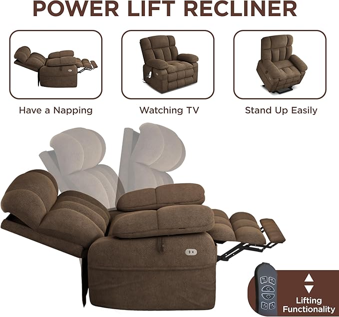 Dual Motor Power Lift Recliner Chair for Elderly with Adjustable Headrest,Extra Wide Recliner Chair with Massage,Lay Flat Recliner with Extended Footrest,Cup holder,Storebox,USB&Type-C Ports,Brown