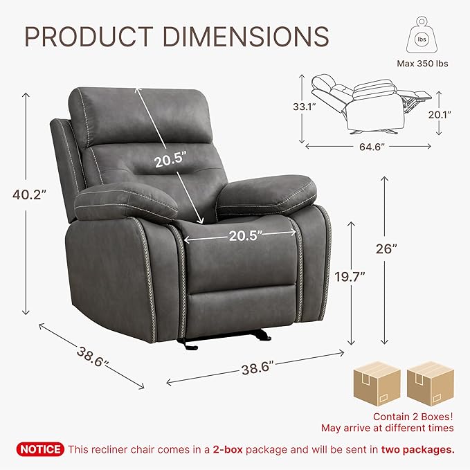KISLOT Leather Recliner Chair Manual Sofa Rocker for Adults with Overstuffed Arm for Living Room Bedroom Home Theater Seating