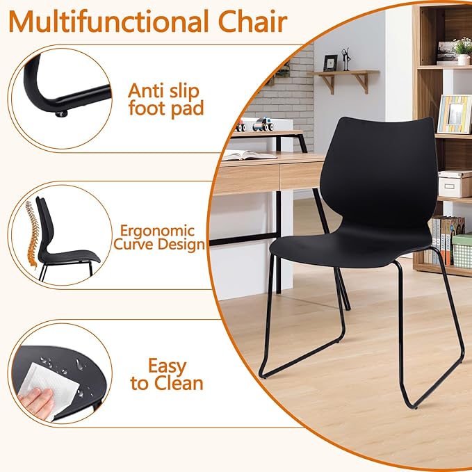 Stackable Waiting Room Chair, Stacking Office Chair with Ergonomic Lumbar Support and Metal Legs, Plastic Desk Chairs for Conference School Church Guest Reception Set of 8, Black