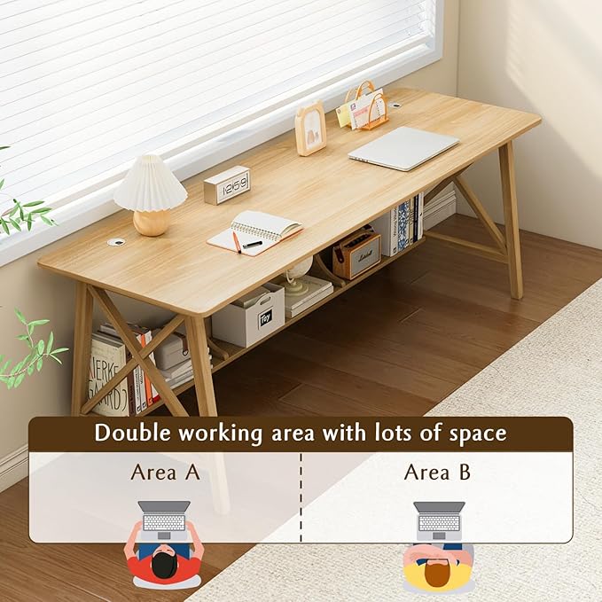 Extra Long Desk with Bookshelf - Wooden Home Office Work Study Table, 2-Person Writing Computer Workstation with Storage Shelf in Oak, 71" Wx24 Dx30 H