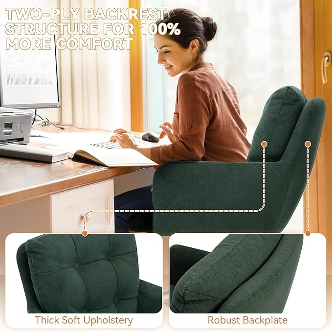 BALIAA Flannel Office Chair, Comfy Home Office Desk Chairs with Lumbar Support, Modern Velvet Desk Chair Gold Legs Small Swivel Task Chair for Home Office, Bedroom, Study (Green, L)