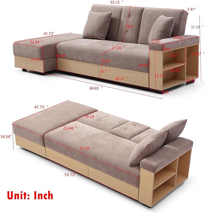 Roockky Convertible Sofa Bed, 85" Folding Sectional Sleeper Sofa with Storage Ottoman, Drawers, Built-in Bookshelves and 2 Cup Holders, Linen (Brown)