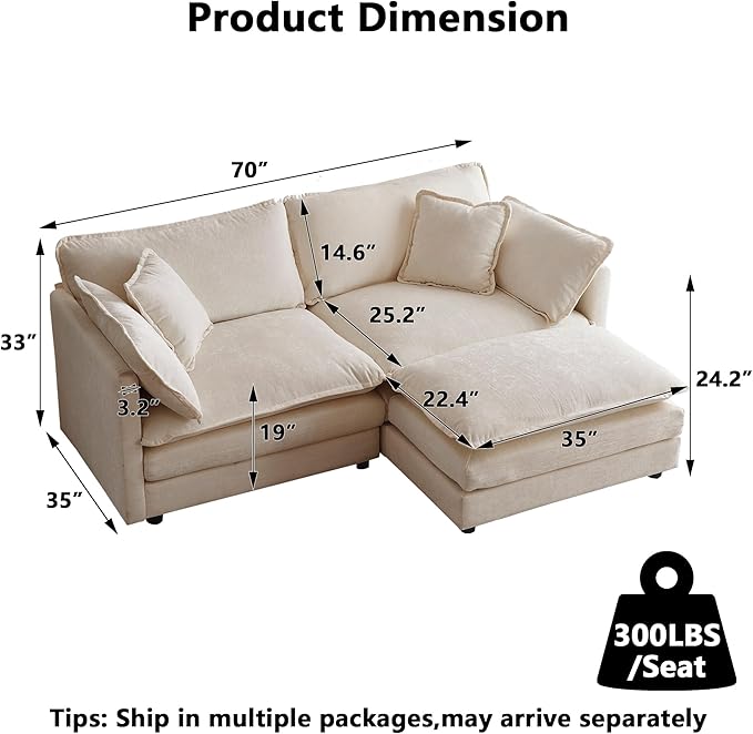 Aoowow Modular Sectional Sofa Modern Convertible Loveseat Couch,77.16 Inch Deep 2-Seater Sofas Comfy Chenille Cloud Sofas and Couches Set with Movable Ottoman for Living Room Apartment（Light Coffee）