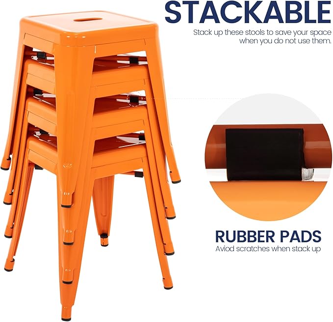 Brage Living 18 Inch Industrial Metal Stools Set of 4, Stackable Classroom Stools, Backless Metal Dining Chairs for Indoor Outdoor, Kitchen Short (Orange)