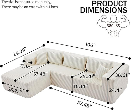 107" Modular Sectional Sofa, L-Shaped Cloud Couch with Deep Seat, Boneless Fluffy Corduroy Sofa for Living Room, No Assembly Required, (Left Facing Chaise,Beige)