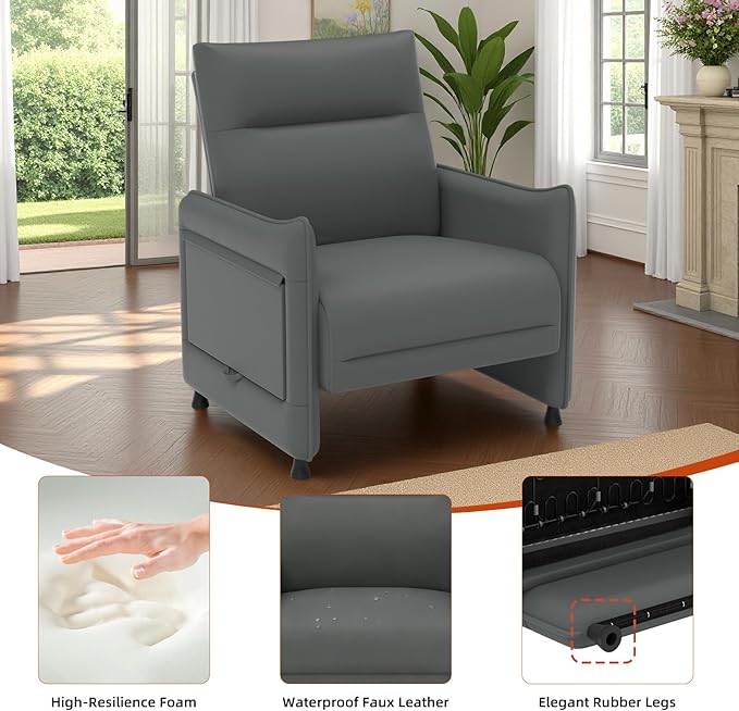 3-Piece Living Room Sofa Set, Faux Leather Loveseat & Accent Chairs Set of 2 with Hidden Foldable Tray & Side Pocket, Front Contour Arm Design, Upholstered Sofa Set for Office, Gray