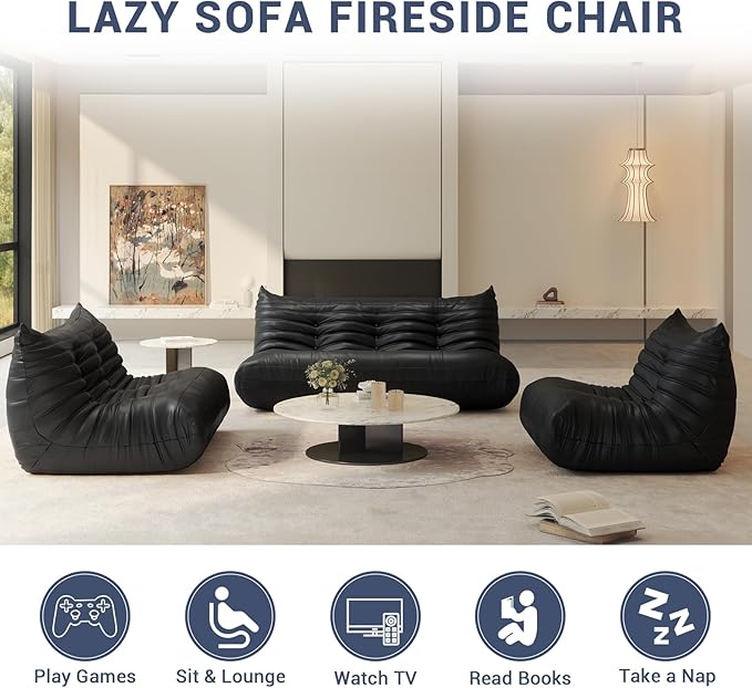 Fireside Chair Lazy Floor Sofa Set, Cozy Memory Foam Bean Bag Chairs, Faux Leather Giant Bean Bag Chair Sofa, Armless Foam Couch Lounger Tatami Recliner for Living Room Bedroom Dorm Office