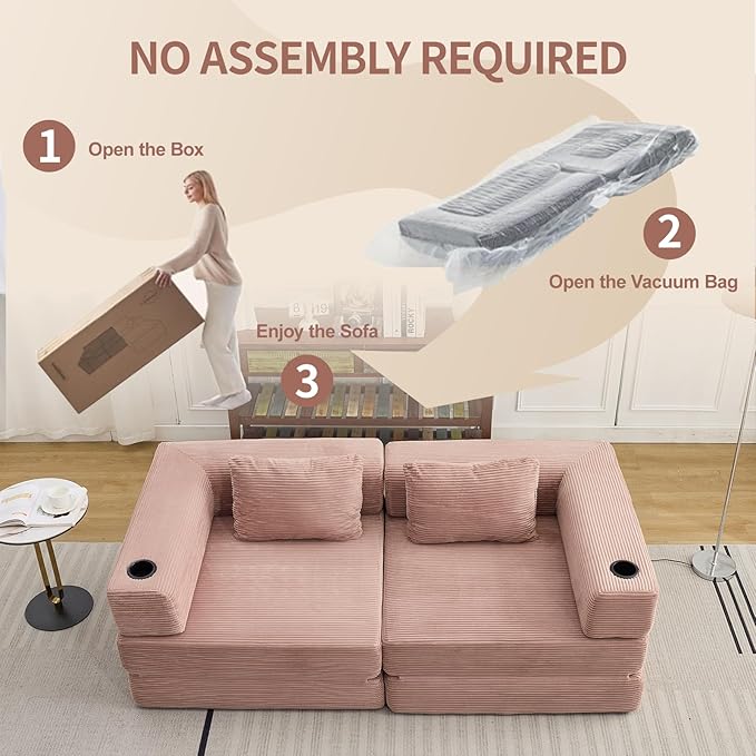 78" Loveseat Sleeper Sofa, 4 in 1 Convertible Floor Sofa Bed, Boneless Cloud Couch with Cup Holder, Fold Out Floor Couch for Living Room Bedroom Lounge, Corduroy, Pink