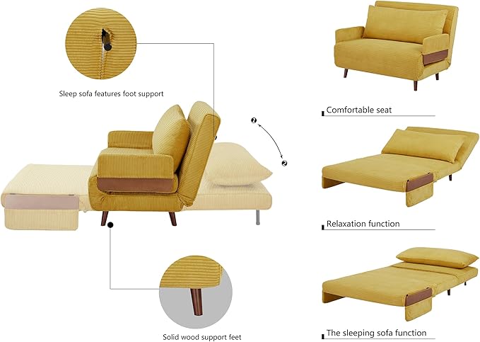 CITTANEO 42" Convertible Sleeper Chair, 3-in-1 Chair Bed Sleeper for Adults with Adjustable Backrest, Pillow & Wooden Arms, Loveseat Sofa Bed for Apartment, Office, Mustard Yellow