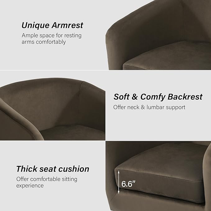Swivel Barrel Chair, Modern Round PU Leather Accent Armchair for Living Room, Bedroom, Oversized Comfy Club Reading Chairs for Adults (Velvet Coffee, Set of 1)