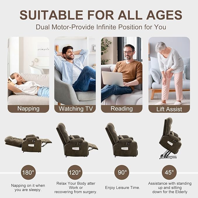 CDCASA Oversized Dual Motor Lay Flat Power Lift Recliner Chair with Massage, Heating, Textile Infinite Position Large Recliner Chairs for Big & Elderly People, USB & Type-C Ports, Brown