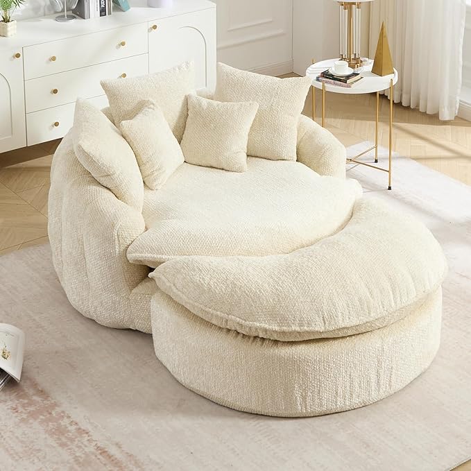54" Oversized Round Chaise Lounge Indoor Boneless Bean Bag Chair with Movable Ottoman Fluffy Comfy Reading Chair Large Circle Cloud Couch Sleeper Sofa Bed for Living Room, Bedroom, Apartment, Beige