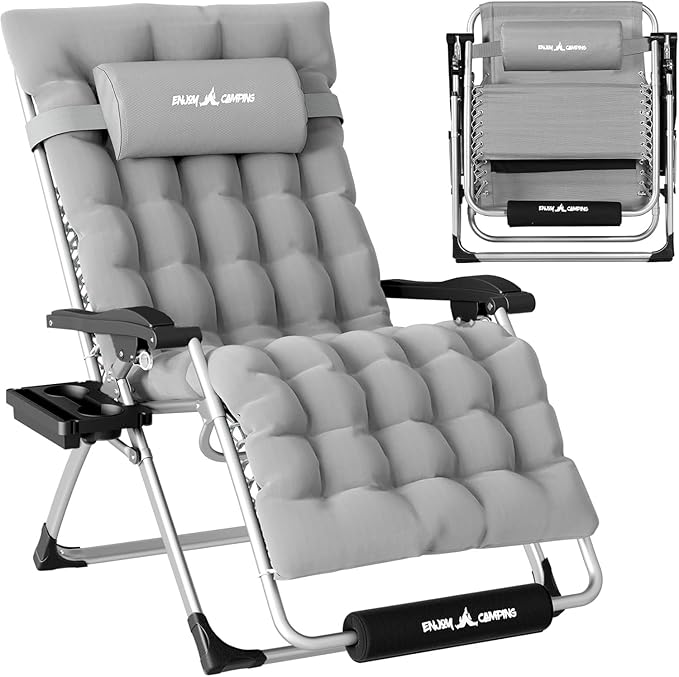 Amopatio Outdoor Padded Zero Gravity Chair 25" Seat Width, XXL Camping Lounge Chairs with Cushion, Oversized Folding Reclining Patio Chair for Outside Deck, Yard, Porch, Pool, Light Grey