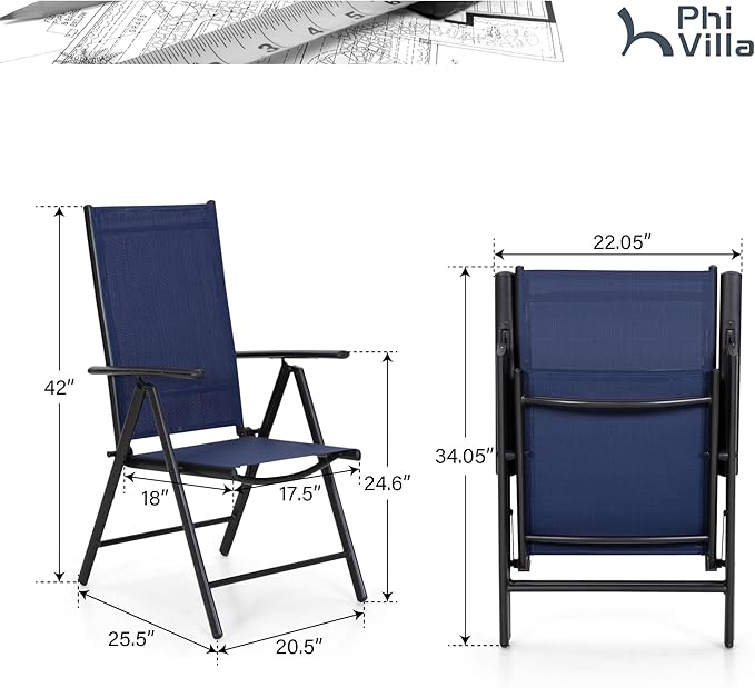 PHI VILLA Outdoor Patio Folding Chairs Set of 2, Portable Patio Dining Chairs with Adjustable Backrest for Outside, Garden, Lawn & Yard, No Assembly, Blue
