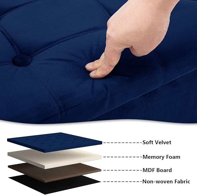 30 Inches Folding Storage Ottoman Bench, Velvet Storage Chest, Footrest Couch with Wooden Legs, Support 350lbs for Bedroom, Living Room, Hallway, Navy Blue